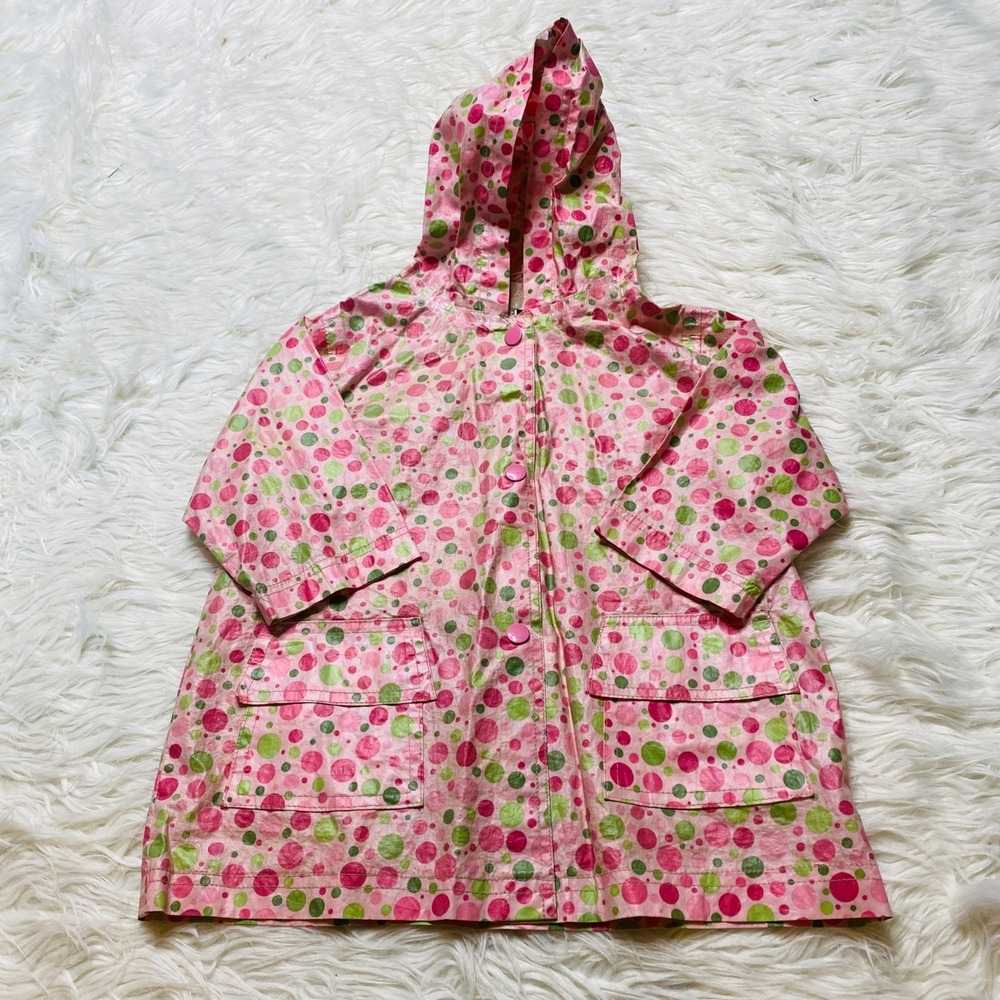 Strasburg Rain Jacket‎ Girls 2/3 Waxed Full Snap Pink Polka Dot Hooded Jacket